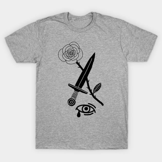 Rose, Dagger & Eye (Black) T-Shirt by Graograman